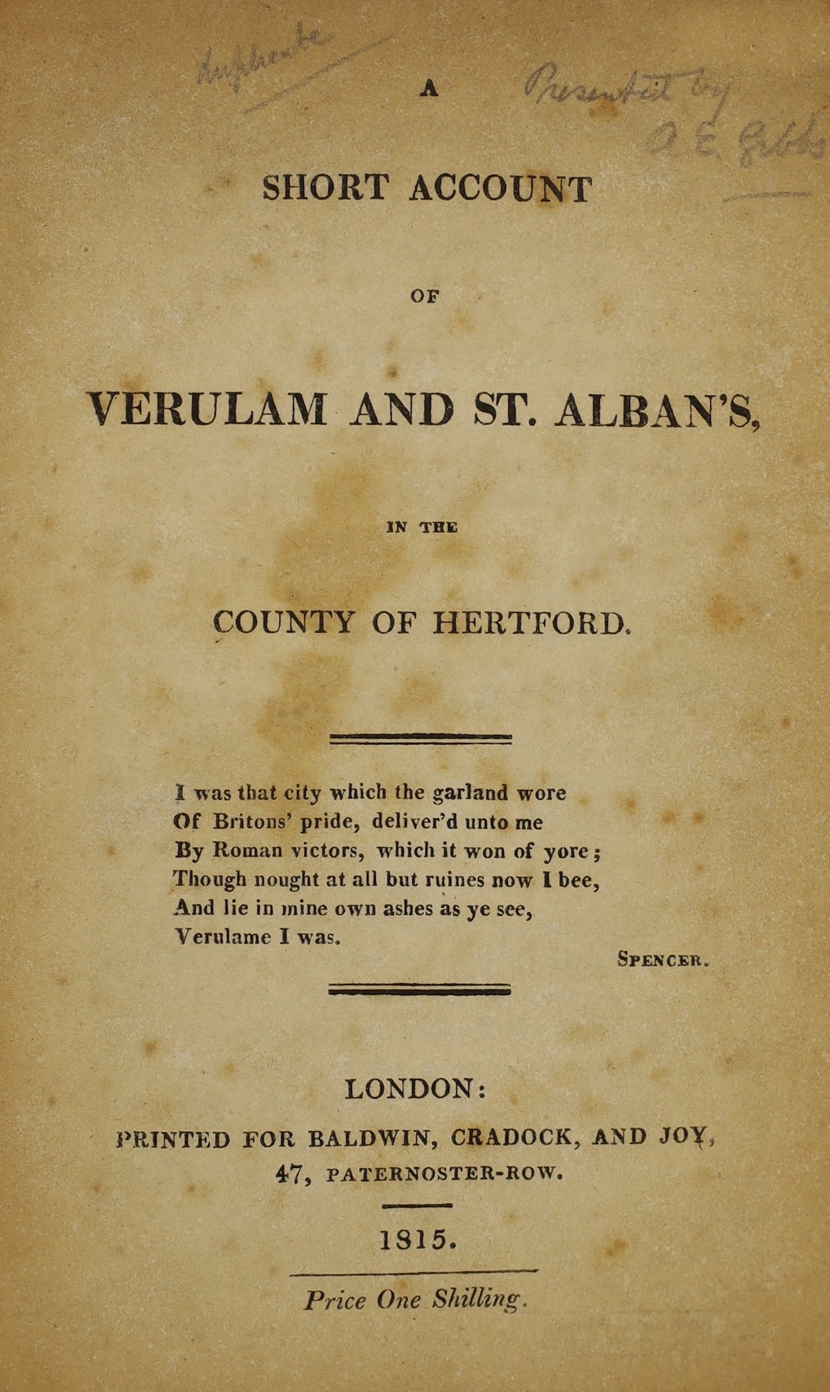 HERTS: A Short Account of Verulam and St. Albans ... old limp leather cloth, sm.cr.8vo. 1815; Williams, Frederick Lake - An Historical and Topographical Description of the Municipium of Ancient Verulam; the Martyrdom of